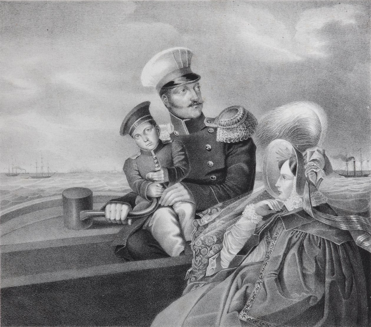 İmparator Nicholas I ve İmparatoriçe Alexandra Fyodorovna, oğlu Konstantin Nikolaevich ile bir tekne gezisinde, by Unbekannt