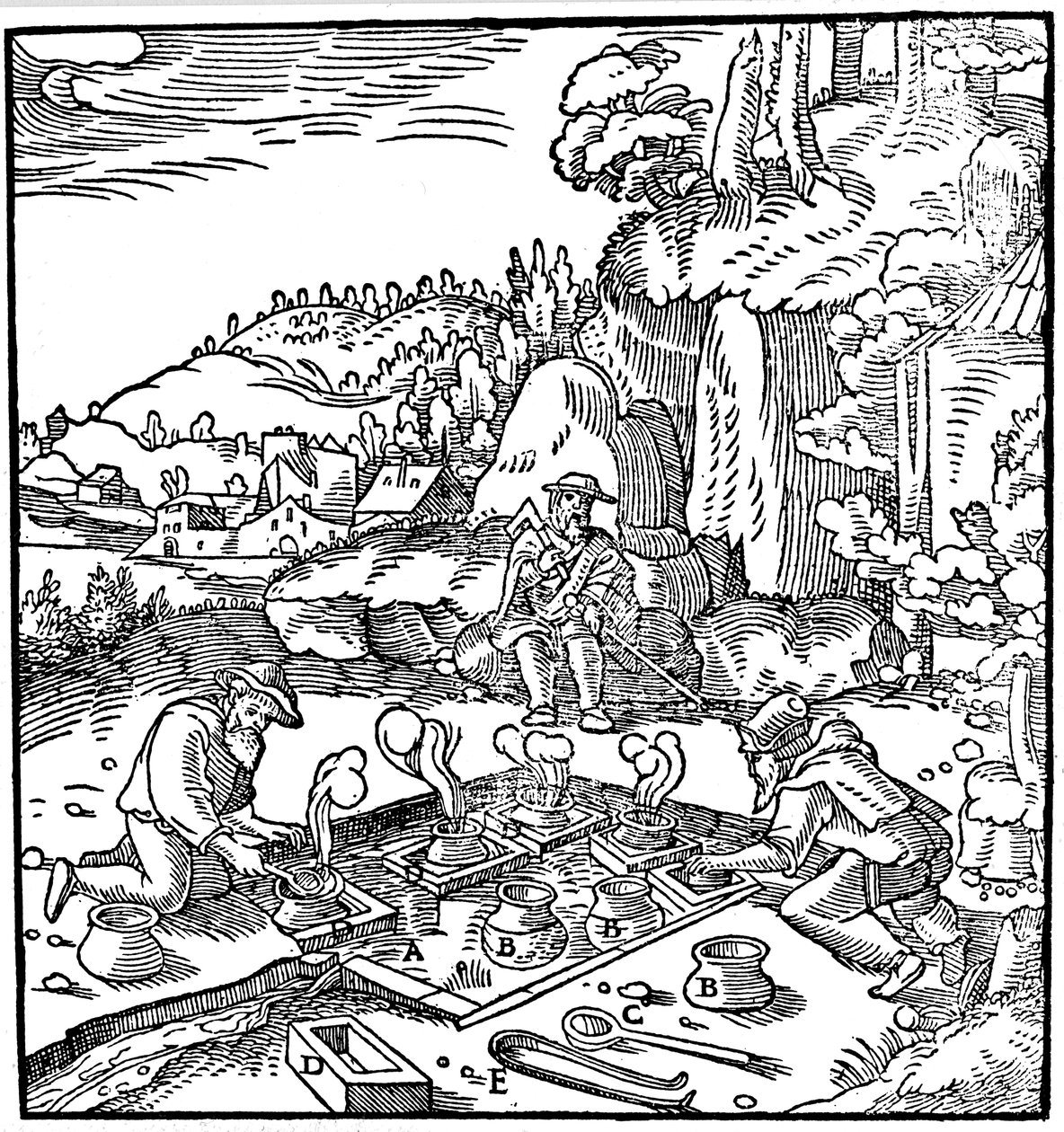 Tuz elde etmek için doğal bir kaplıcada tuzlu su kaplarının buharlaştırılması, 1556 by Unbekannt