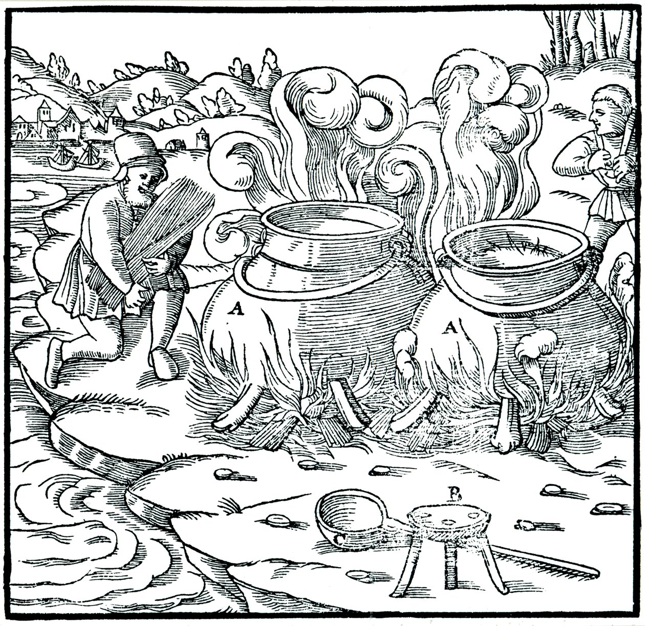 Tuz elde etmek için deniz suyunun demir kaplarda buharlaştırılması, 1556 by Unbekannt