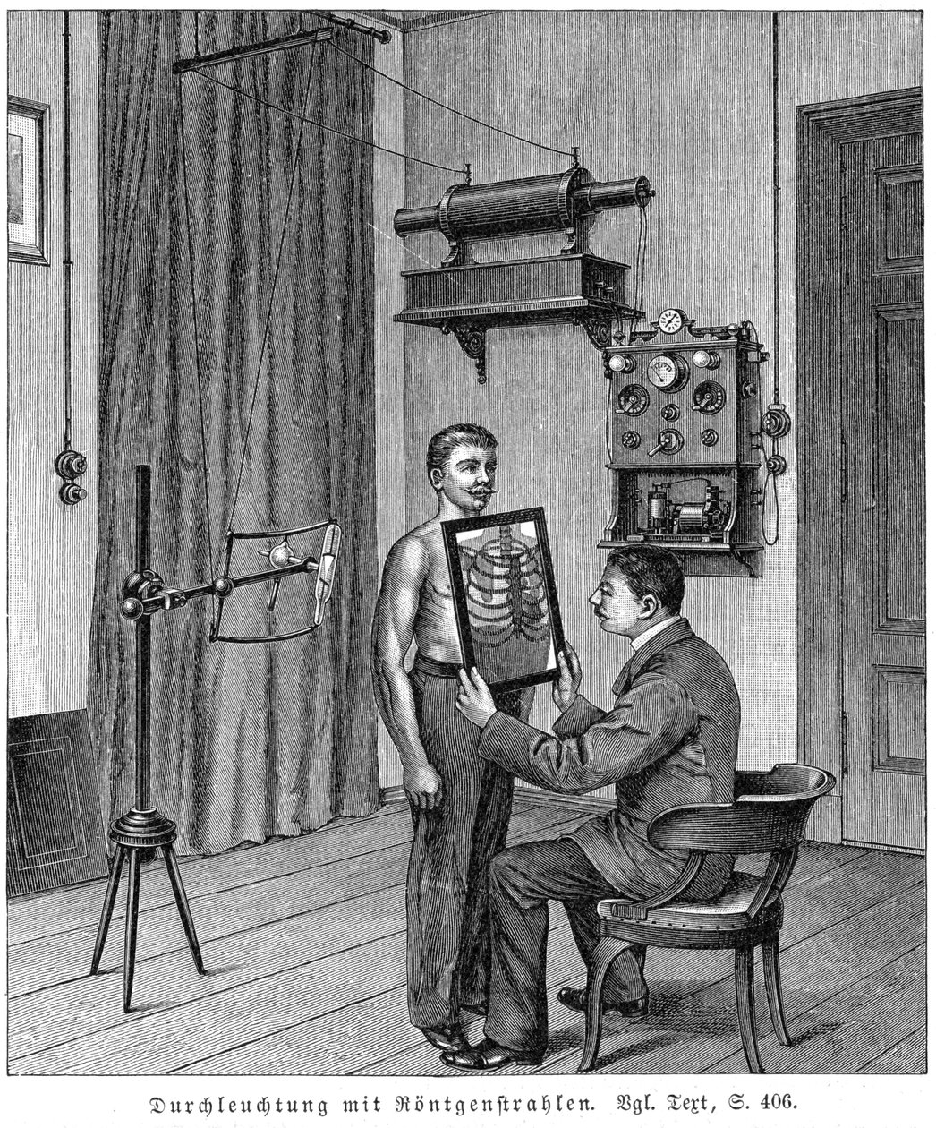 Bir hastanın göğüs kafesini bir X-ışını tüpü ve floresan ekran kullanarak inceleme, 1903 by Unbekannt