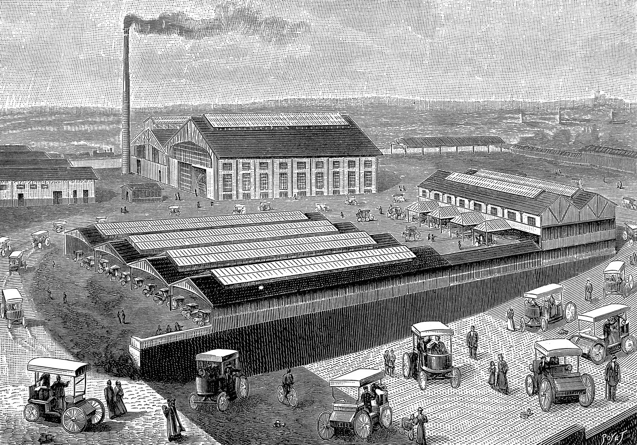 Elektrikli kabin yapımı, şarjı ve servisi için fabrika, Aubervilliers, Fransa, 1899 by Unbekannt