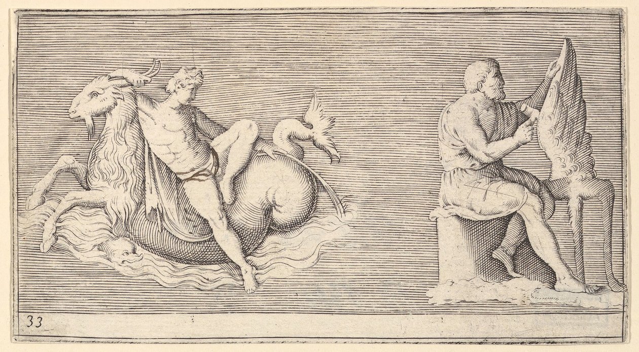 Deniz Keçisi Üzerine Figür, Adam Oyma Kanadı, yayınlanmış ca. 1599-1622. by Unbekannt