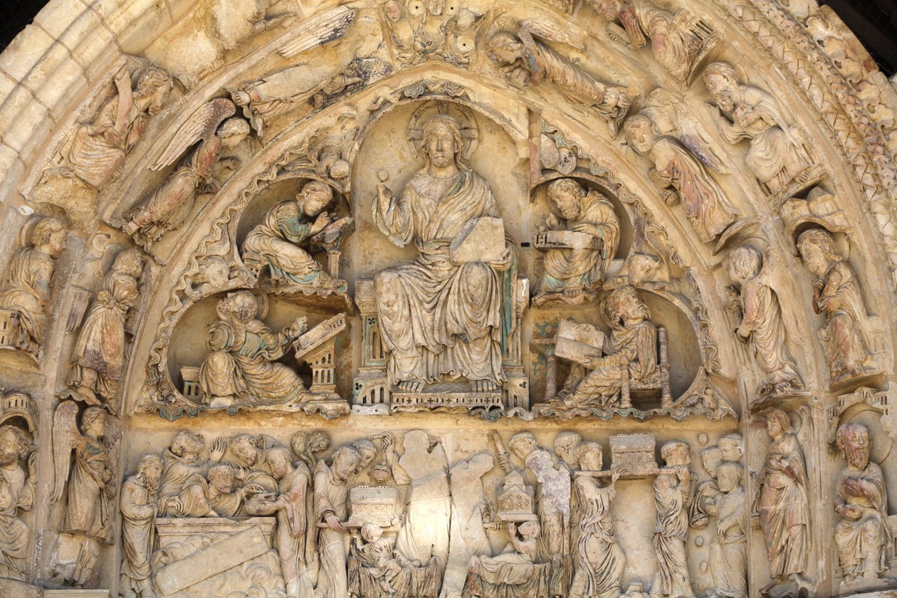 Fleury abbey bazilikası kuzey kapısı tympanum : Aziz Benoit sur Loire Fransa evangelistler tarafından çevrili zafer İsa by Unbekannt