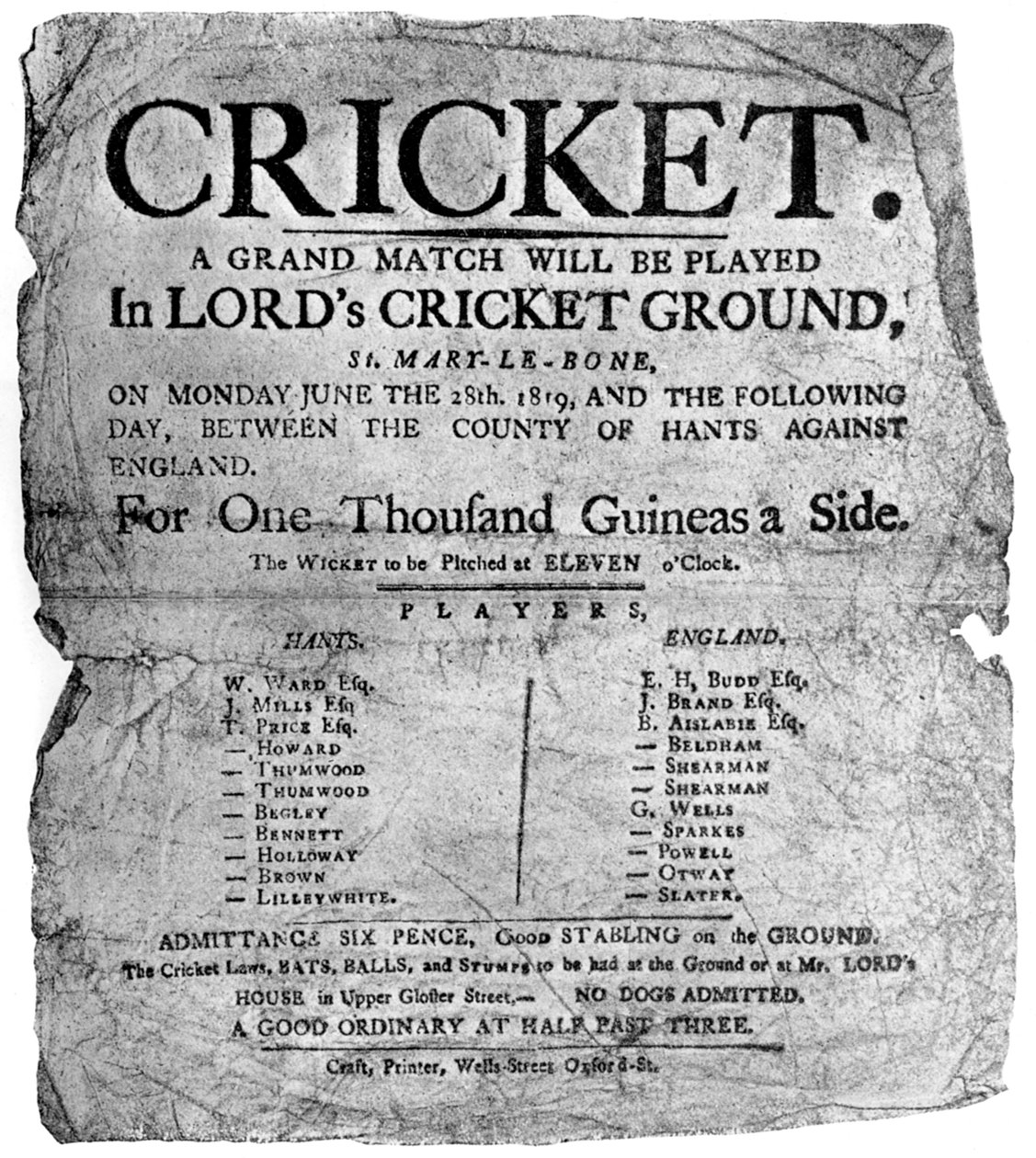 Hampshire ve İngiltere arasında bir kriket maçının reklamını yapan el ilanı, 1819 1912 by Unbekannt
