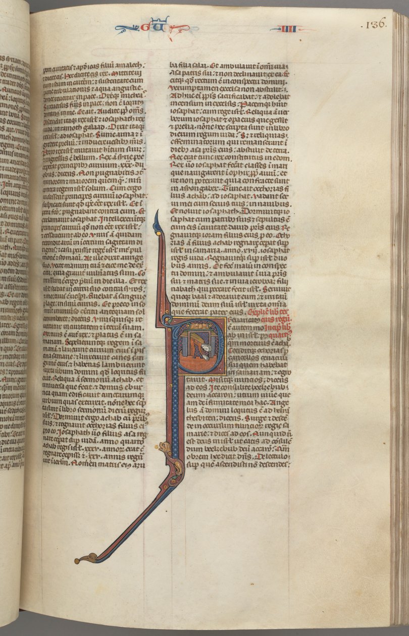 fol. 136r, Kings IV, ilk P, Ahazya bir kuleden düşüyor, c. 1275-1300. by Unbekannt