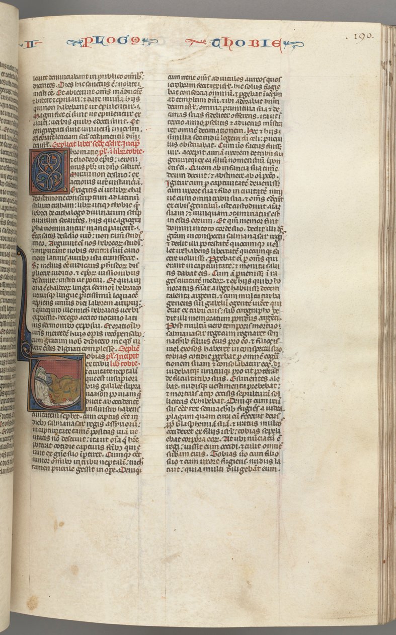 fol. 190r,Tobit, geçmişe ait T, Tobit bir yatakta uyuyor, c. 1275-1300. by Unbekannt
