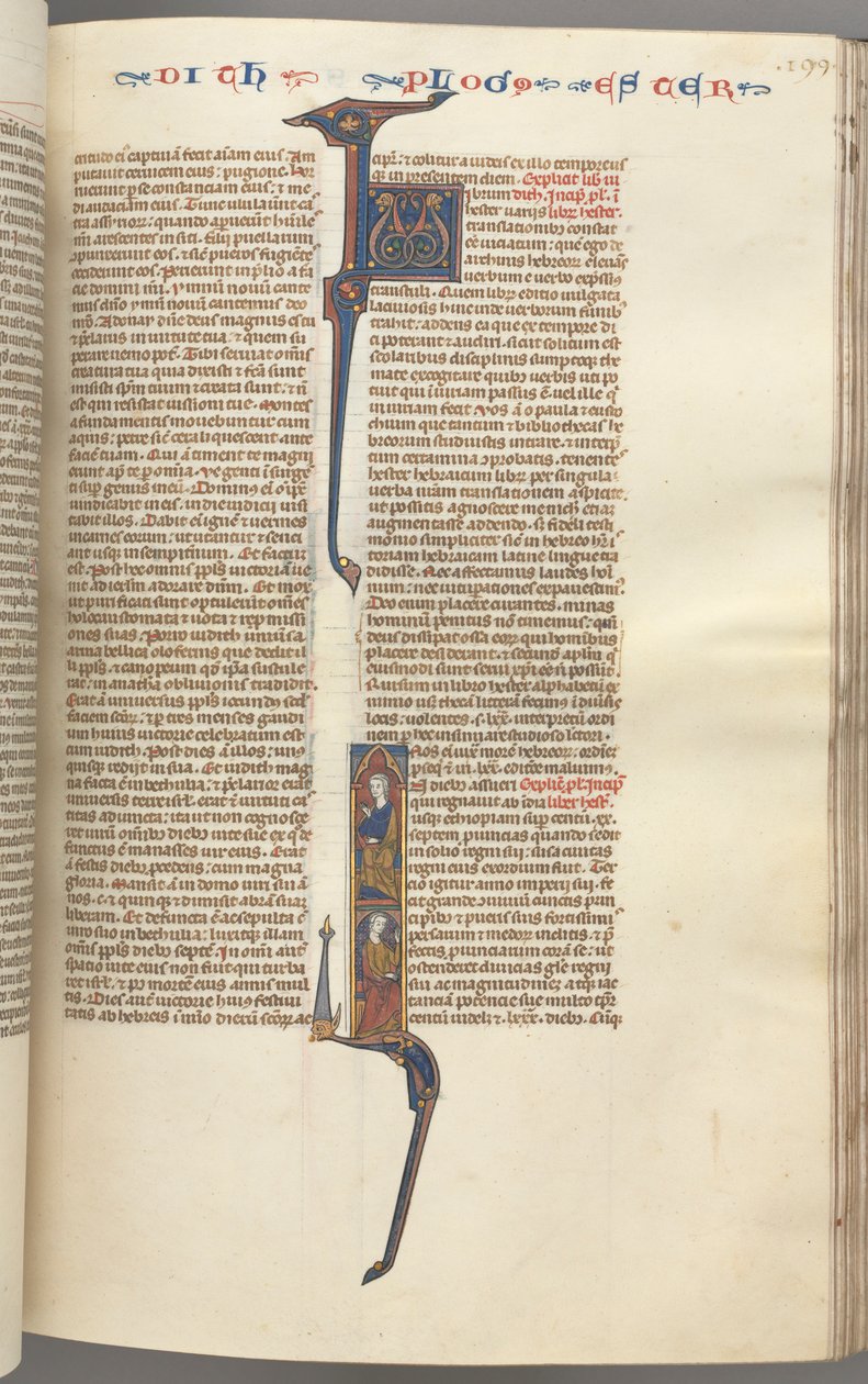 fol. 199r, Esther, baş harfi, iki oturmuş erkek figürü, c. 1275-1300. by Unbekannt
