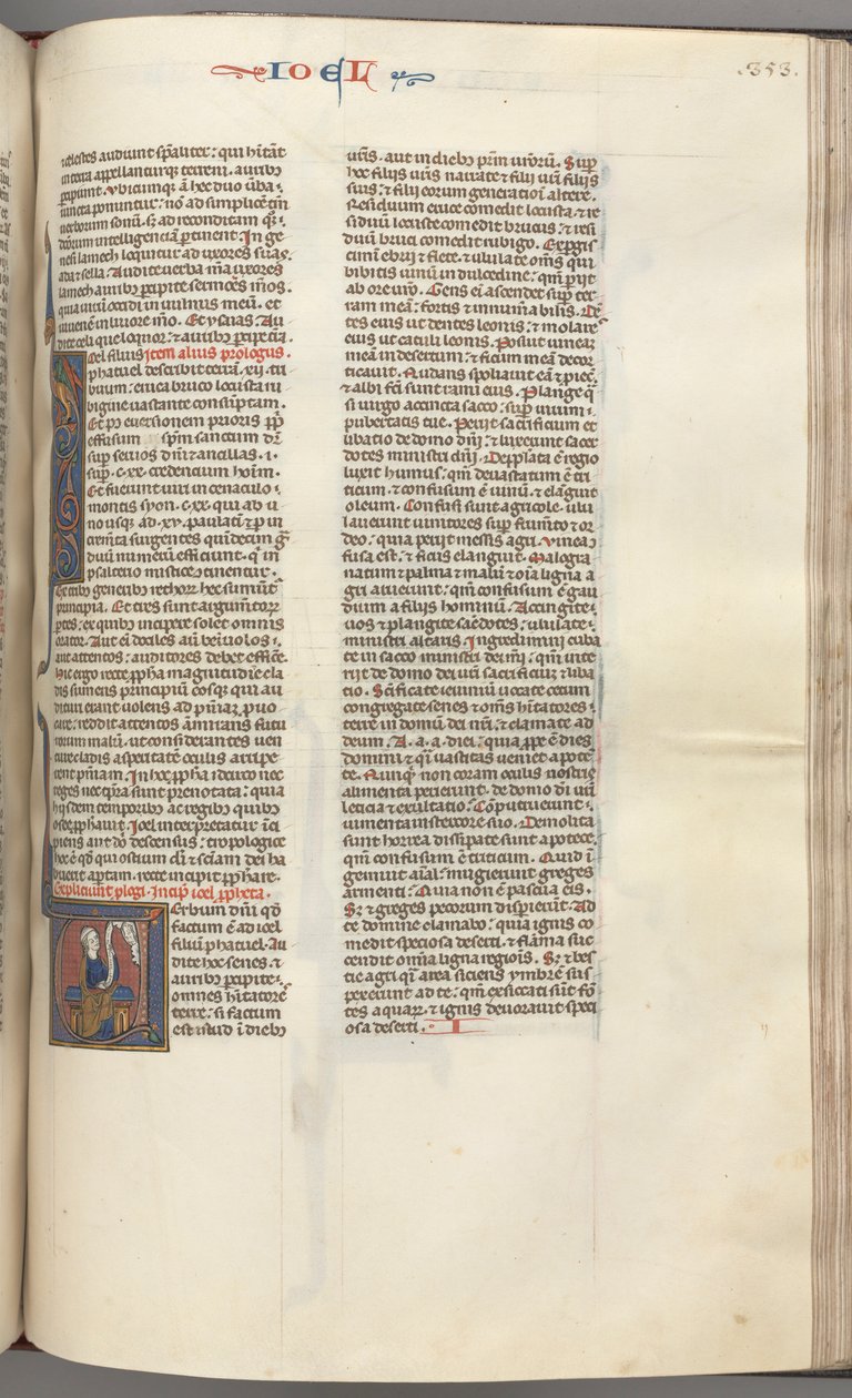 fol. 353r, Joel, ilk V harfini tarihlendirdi, Joel bir parşömenle oturuyor, yukarıda Tanrı büstü, c. 1275-1300. by Unbekannt