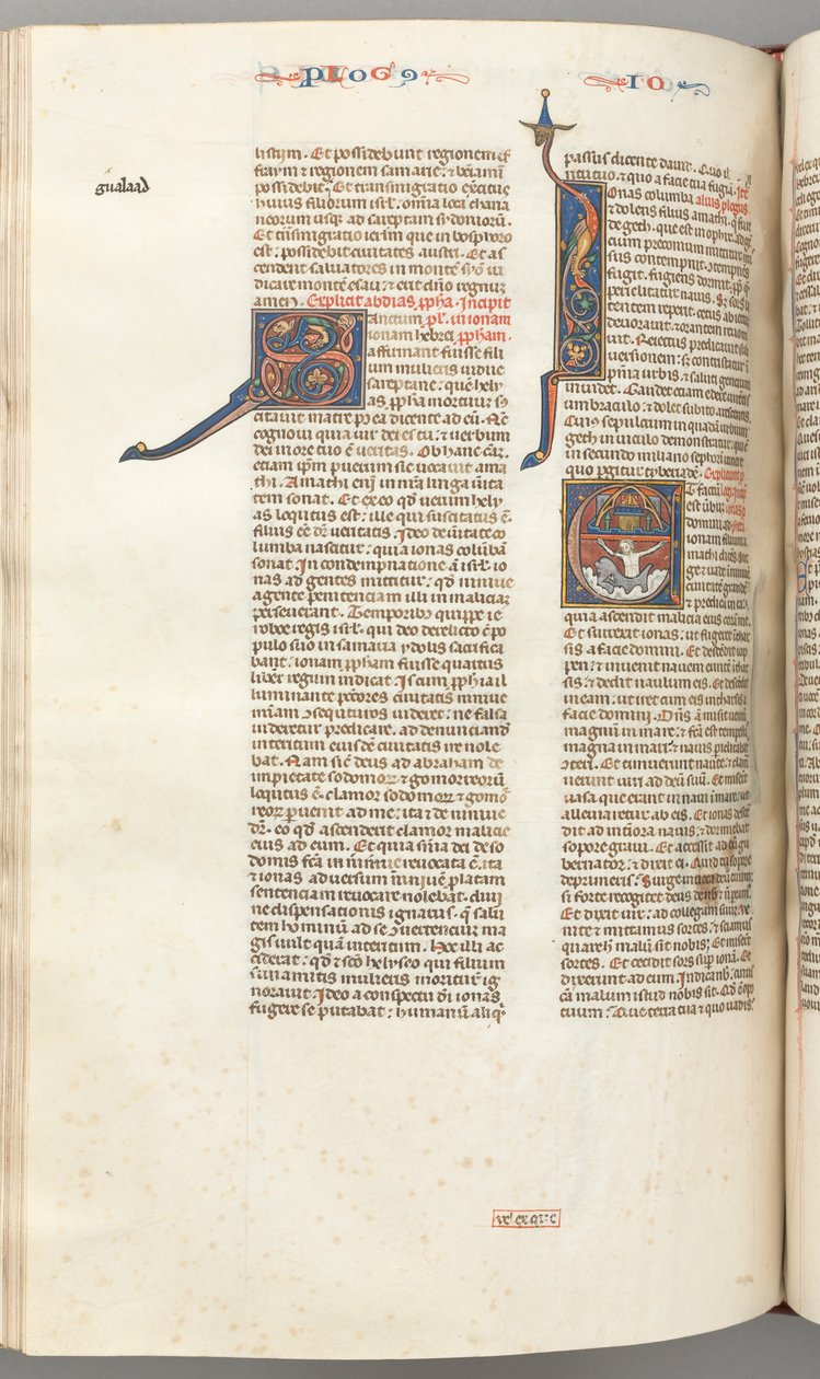 fol. 357v, Jonah, baş harfi E, Jonah balina tarafından yutuldu, yukarıda duvarlarla çevrili bir şehir, c. 1275- by Unbekannt