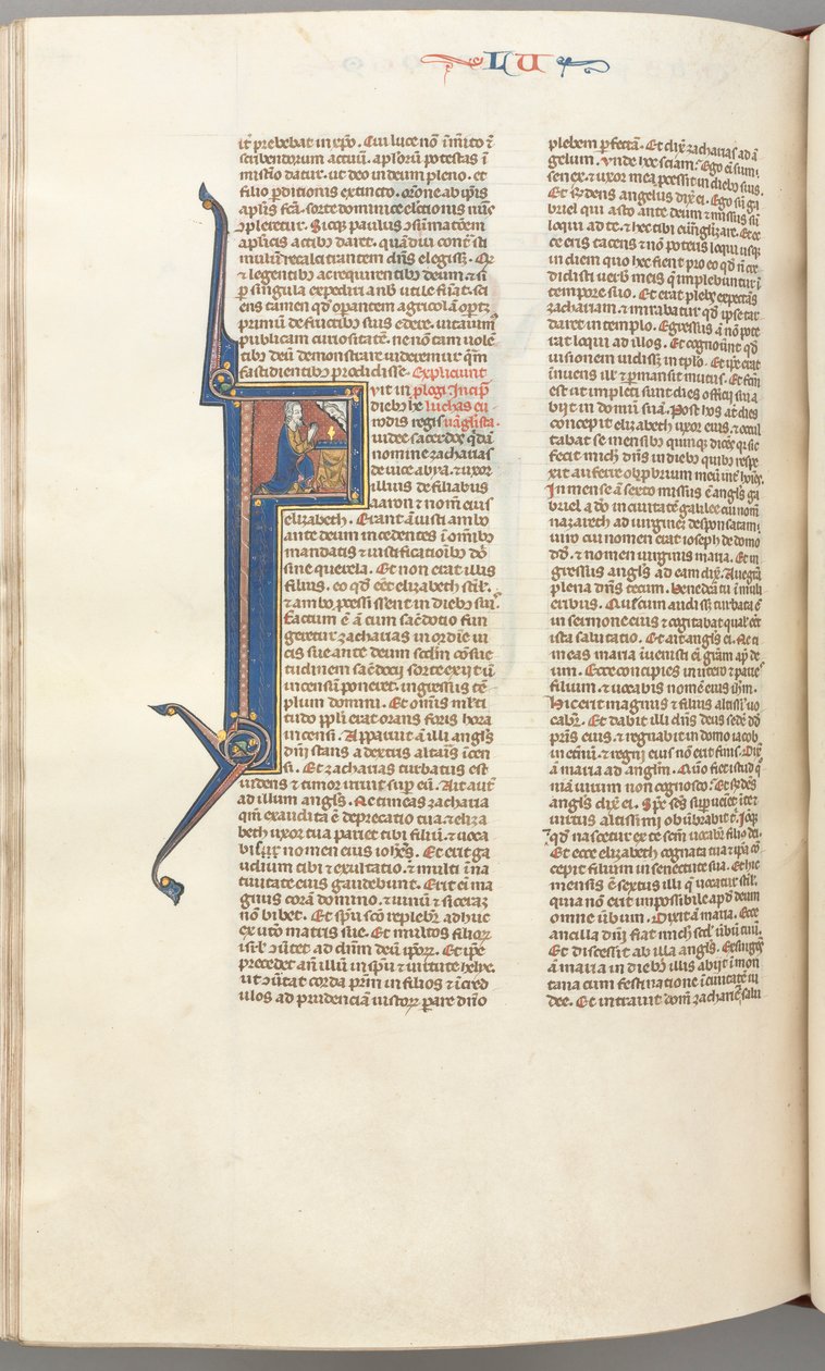 fol. 412v, Luke, baş harfi F, Luke bir sunakta dua ediyor, yukarıda Tanrı