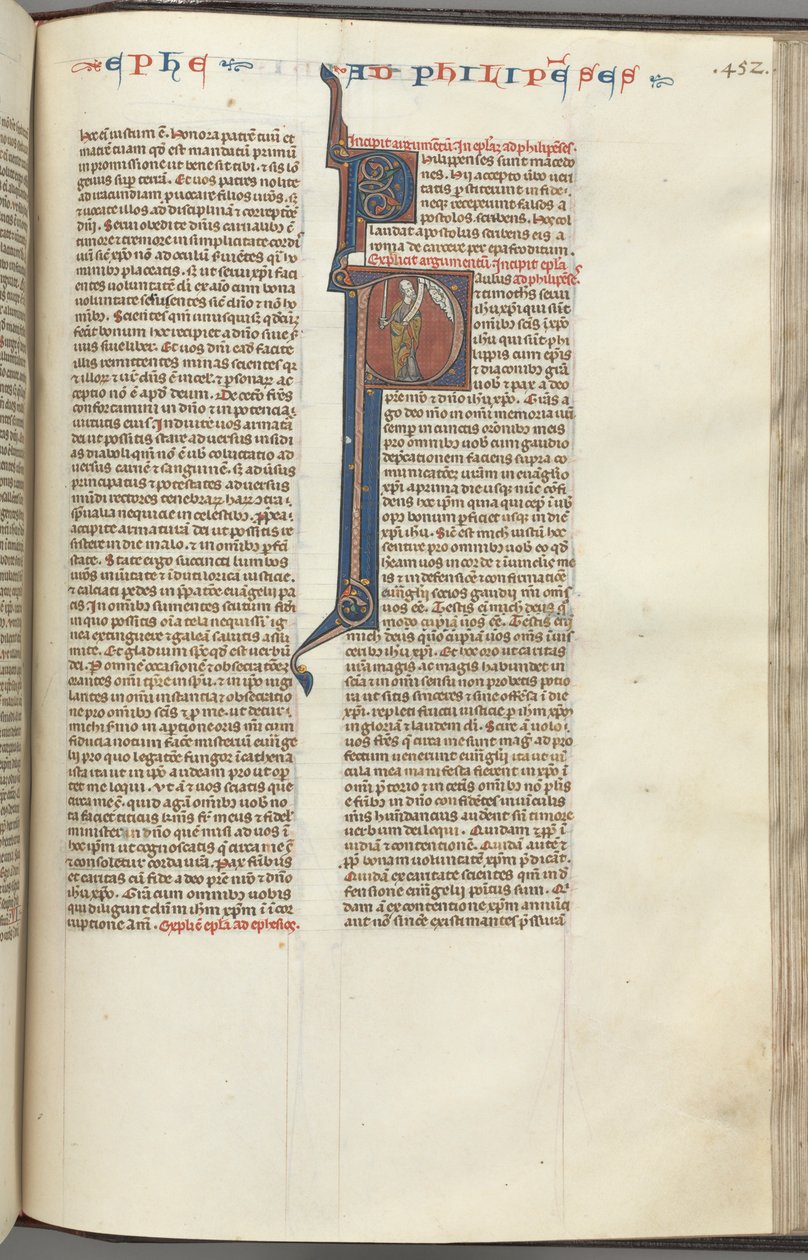 fol. 452r, Filipililer, baş harfi P, Paul bir kılıç ve bir parşömenle ayakta duruyor, t ile konuşuyor by Unbekannt