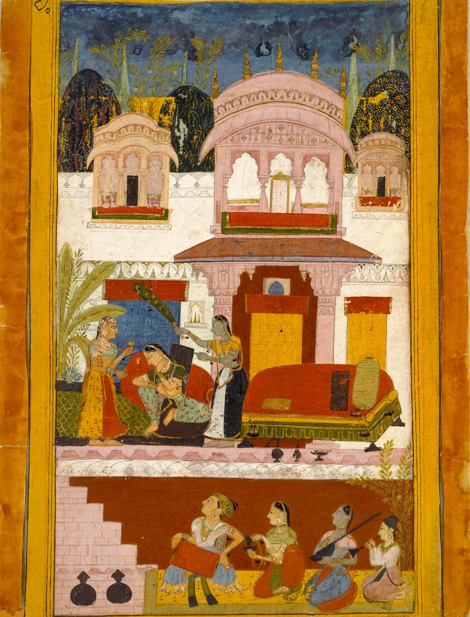 Hizmetçileri olan kimsesiz kadın, müzikal modu gösteren Patamanjari Ragini, 1695-1700 by Unbekannt