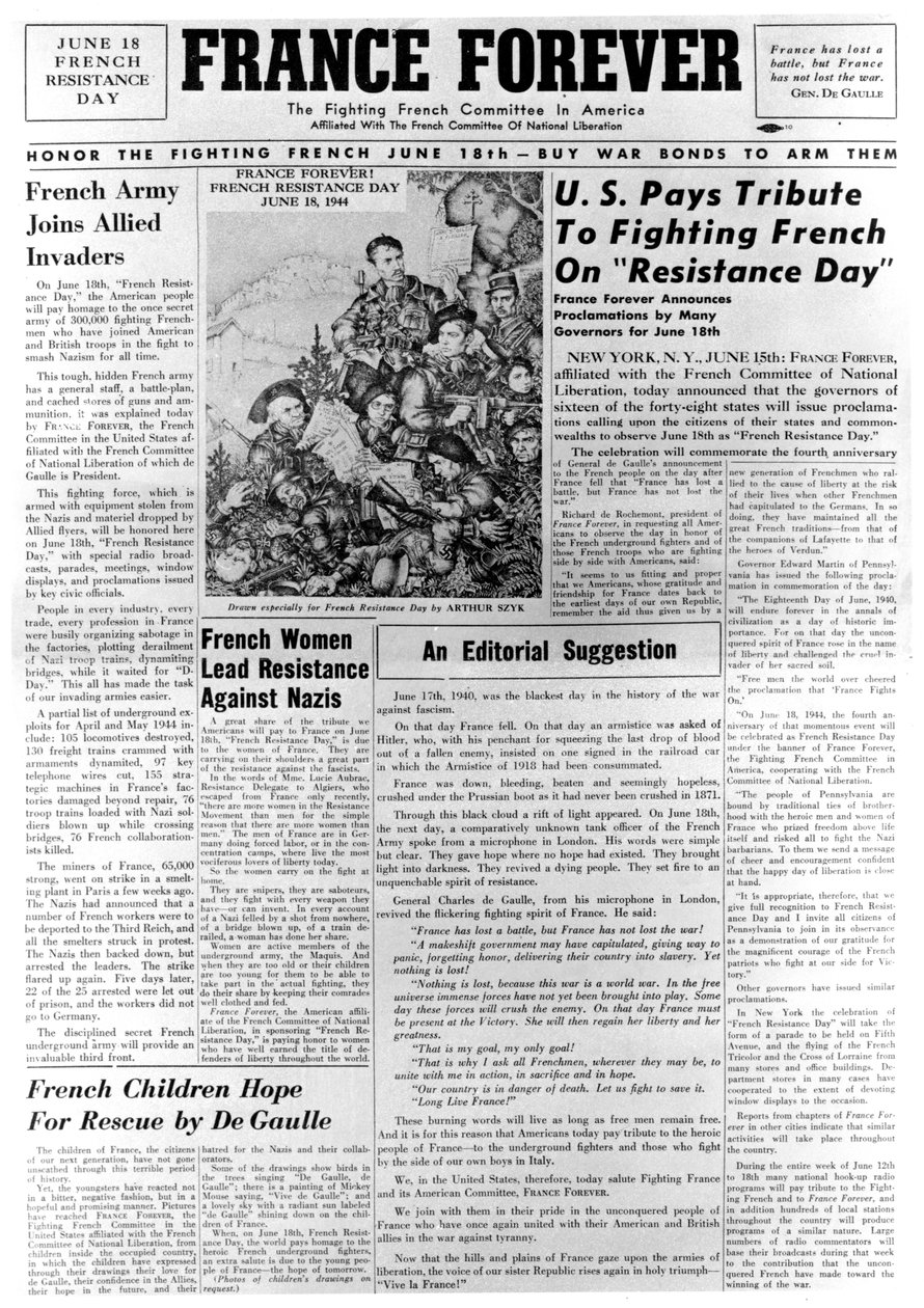 France Forever, gazete, 18 Haziran 1944 by Unbekannt
