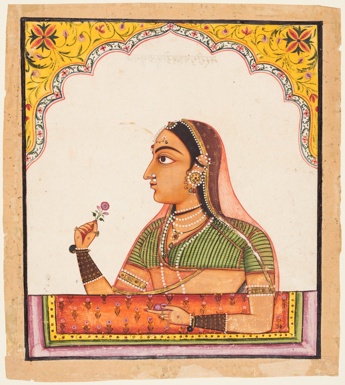 Bir dizi kadın portresinden: Jharoka penceresinde elinde gül tutan bir kadın, c. 1730. by Unbekannt