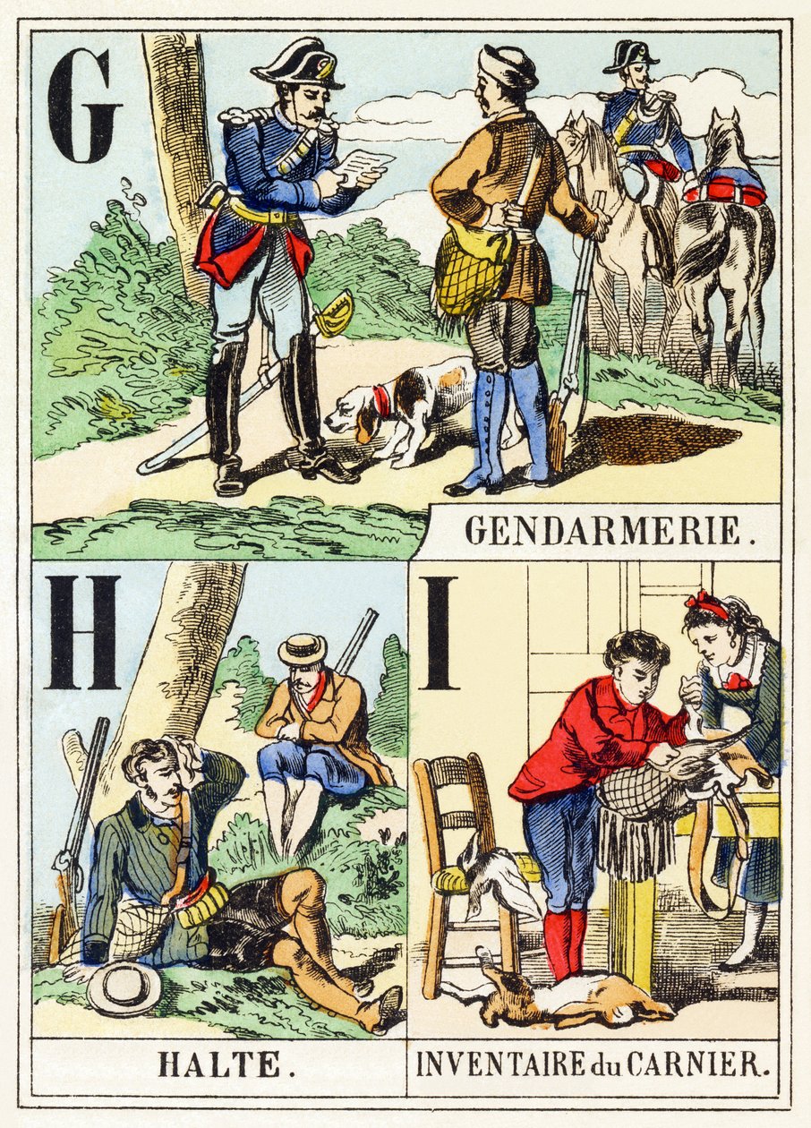 G H I: Jandarma, Halte, Inventaire du gamenier - Avcılık Alfabesi, c.1890 (gravür) by Unbekannt