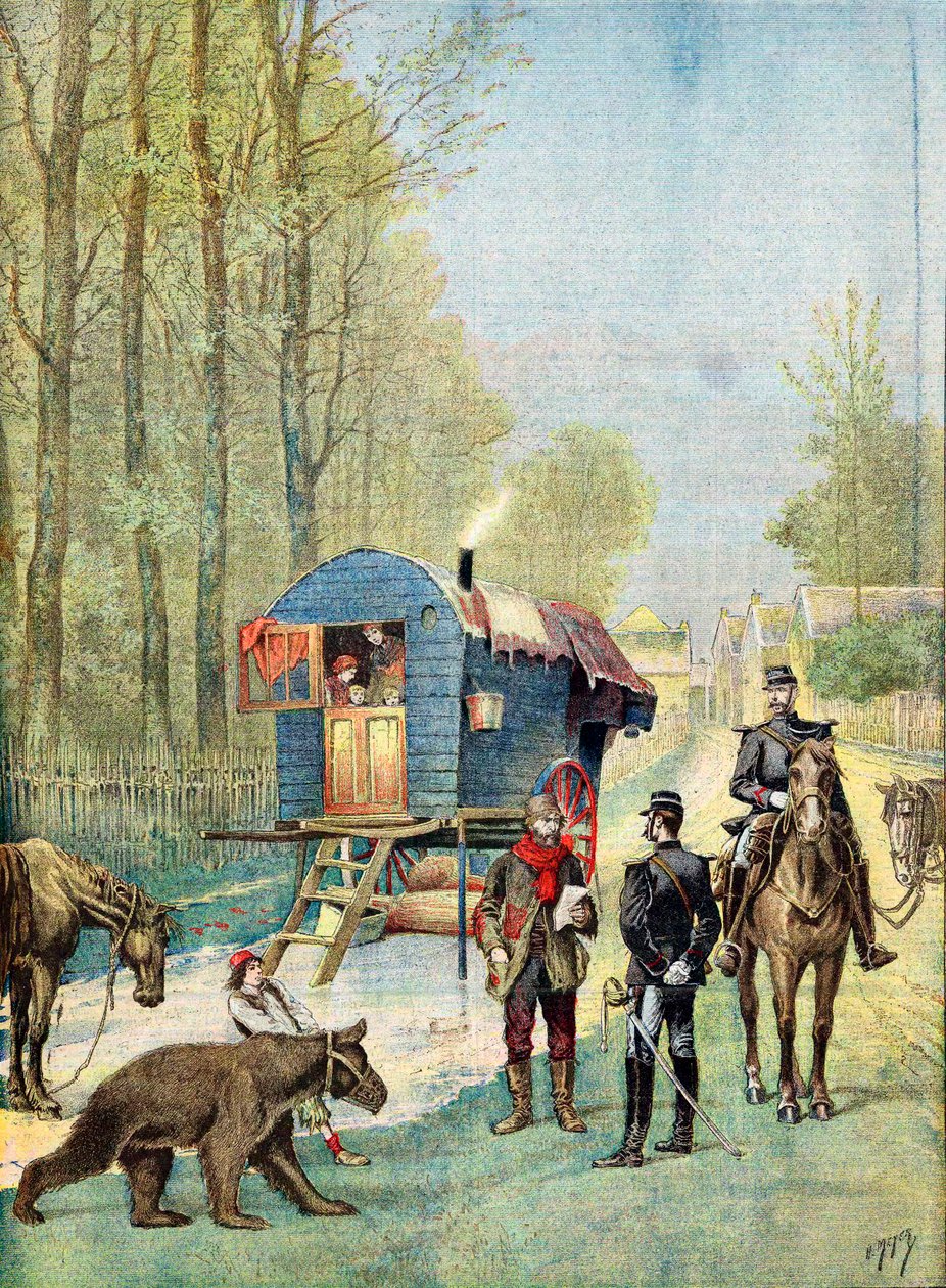 Jandarma, karavanlarında gezgin çingenelerin kampına nüfus sayımı formları alıyor, 1895 by Unbekannt