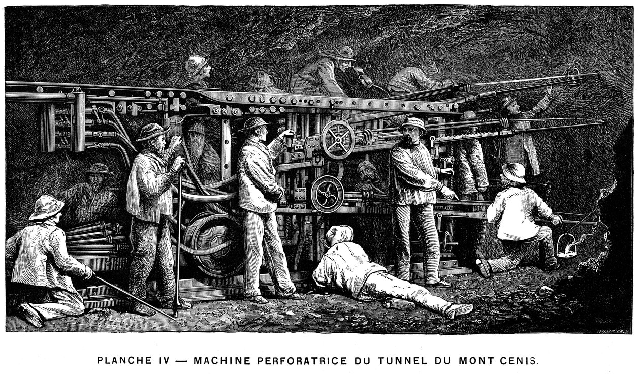 Germain Sommeillers, 1874 Mont Cenis Tüneli kazısında kullanılan basınçlı havalı kaya matkabı by Unbekannt