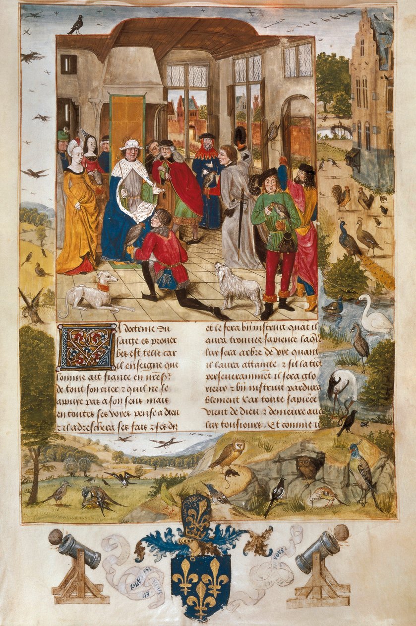 Alman imparatoru Hohenstaufen Kralı II. Frederick, şahin avcılarıyla çevrili, minyatür. by Unbekannt