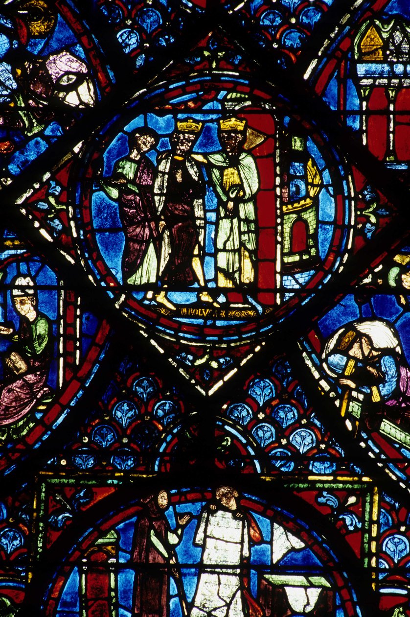 Gotik mimari. Histoire de Charlemagne (detay): Bizans imparatoru I. Konstantin tarafından alınan Charlemagne (742-814). Kuzey ayaktan vitray, absidial. Chartres Katedrali. by Unbekannt