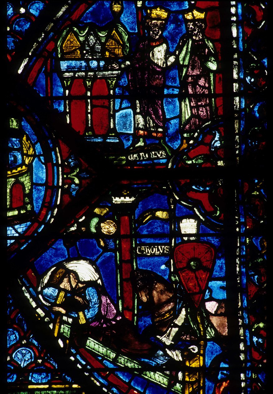 Gotik mimari. Histoire de Charlemagne (detay): Charlemagne (742-814) 3 av (yüksek) ve Vision of Constantine (I, imparator Bizans) alır. Kuzey ayaktan vitray, absidial. Chartres Katedrali. by Unbekannt