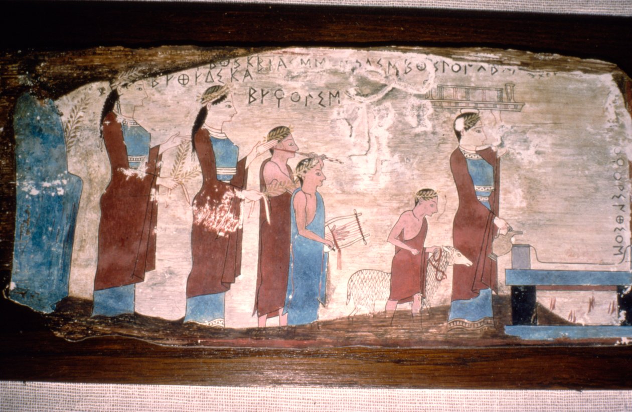 Bir Kurbanda Yunan Müzisyenler, Ahşap üzerine Boyalı, c520BC-c500 M.Ö. by Unbekannt