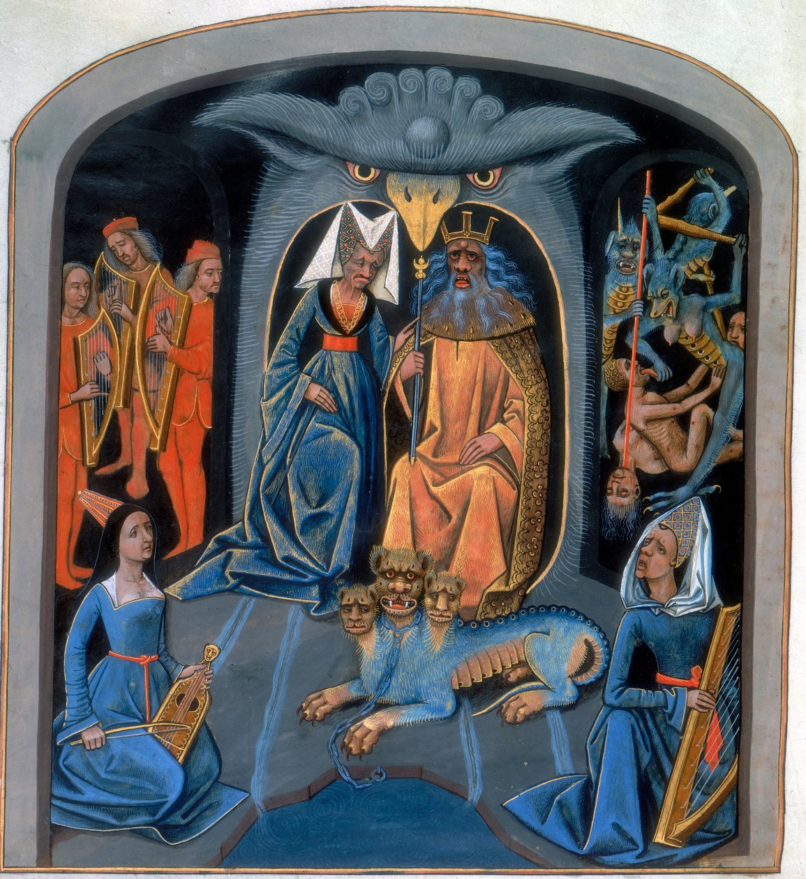 Yunan tanrıları Pluto ve Persephone, 15. yüzyıla ait üç başlı köpek Cerberus ile oturuyor by Unbekannt