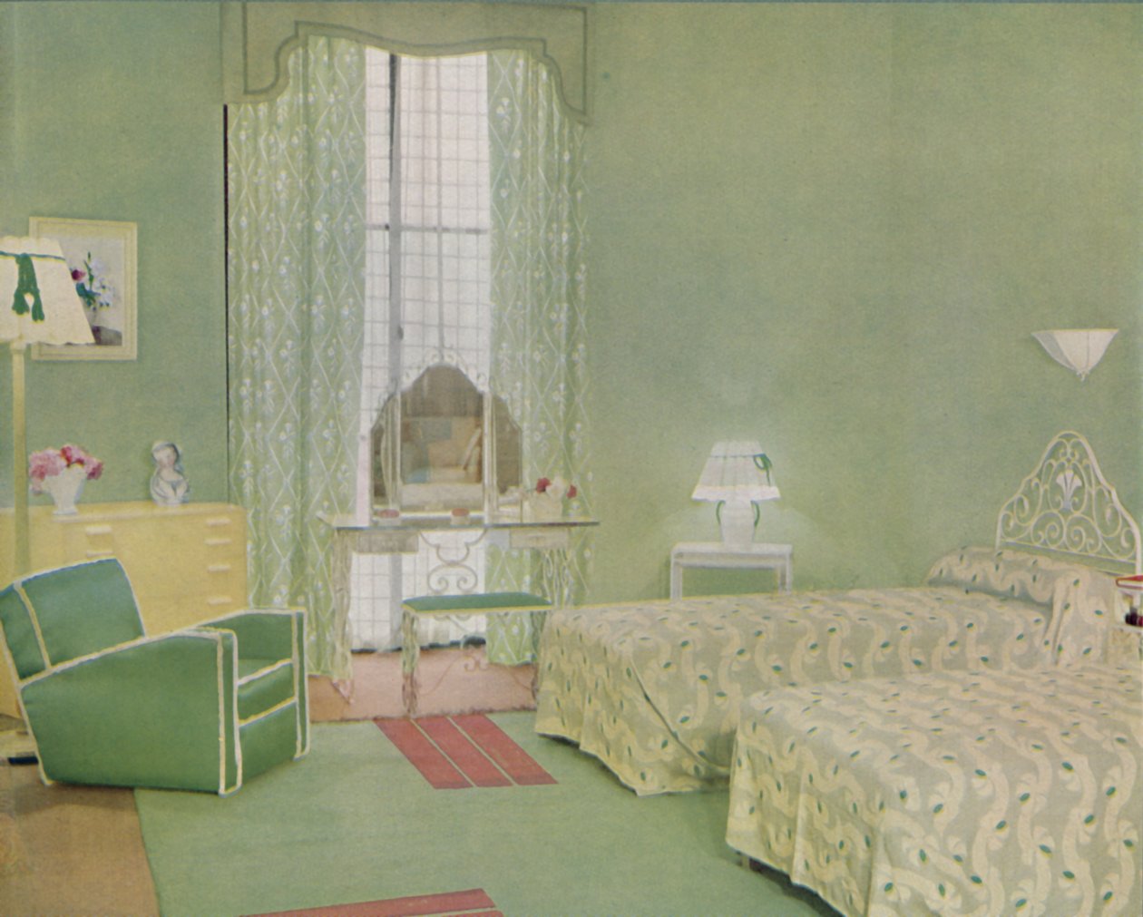 Bir Yatak Odası için Yeşil ve Beyaz Renk Düzeni, 1938 by Unbekannt