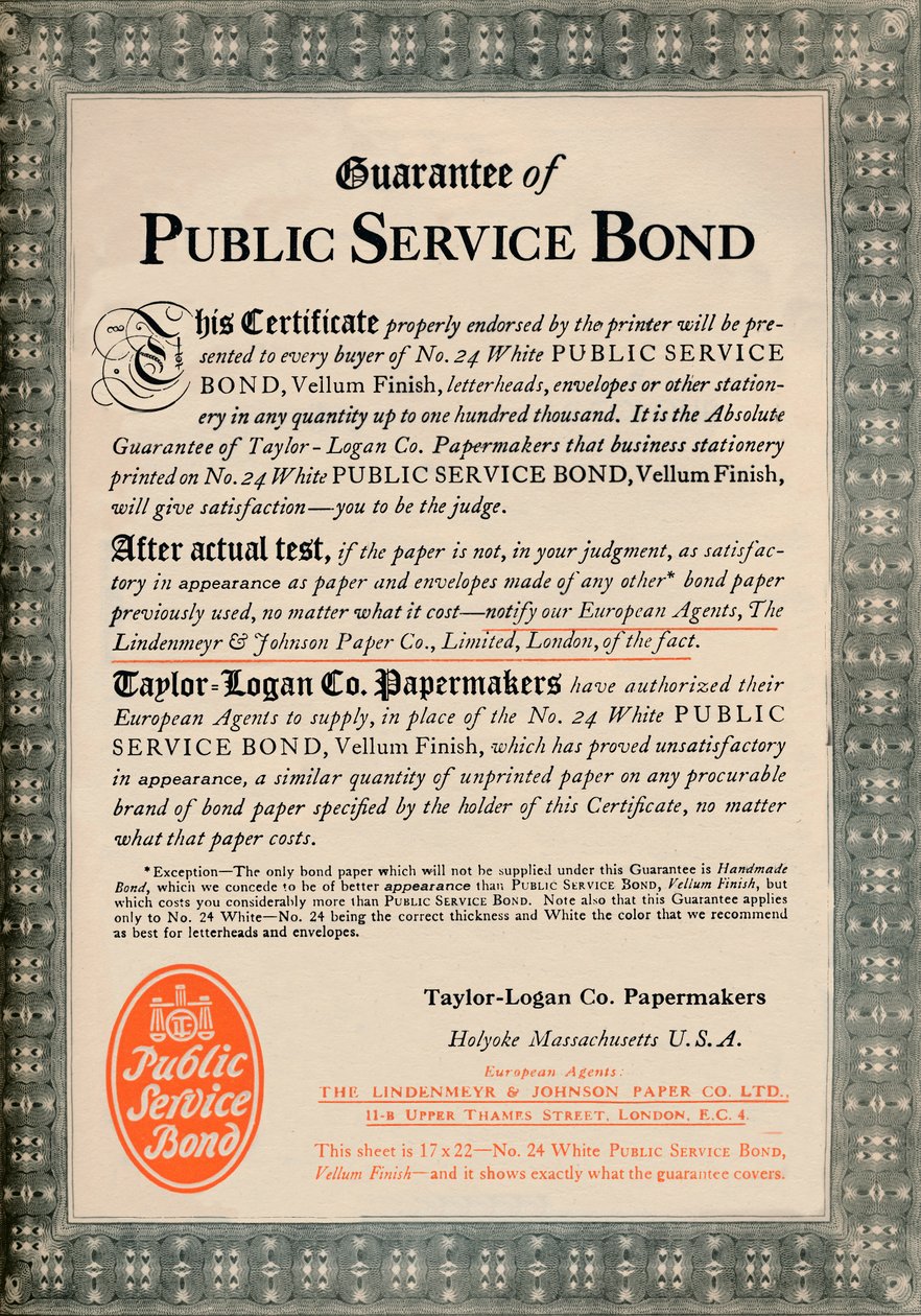 Kamu Hizmeti Teminatı Garantisi - Taylor-Logan Co. Kağıt yapımcıları reklamı, 1919 by Unbekannt