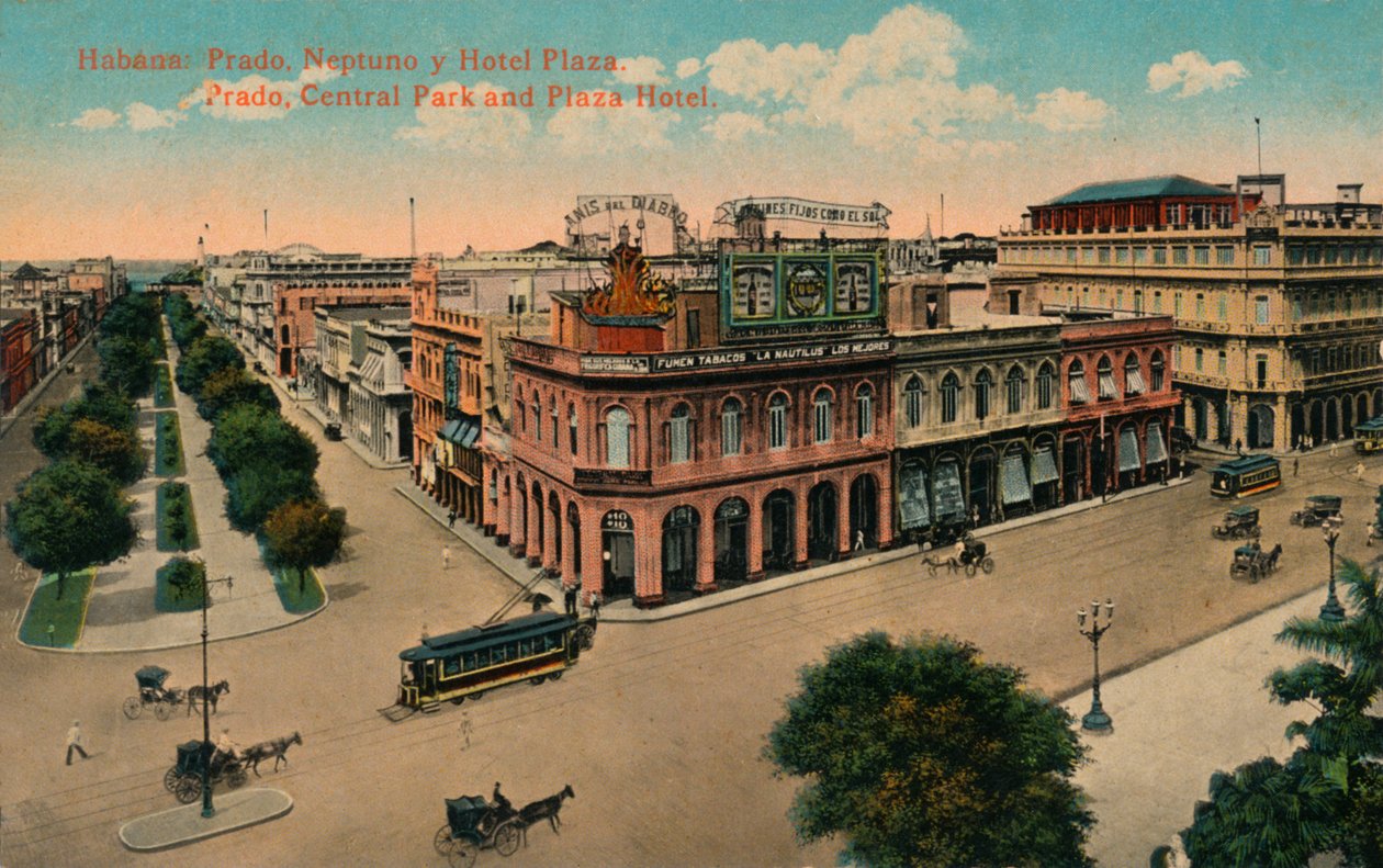 Havana: Prado, Neptuno ve Hotel Plaza. Prado, Central Park ve Plaza Otel, c1910 by Unbekannt