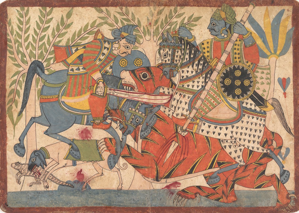 Harishchandra ve Bakanı, 1800-1850 Harishchandra Serisinden bir Kaplan folyosunu öldürüyor. by Unbekannt