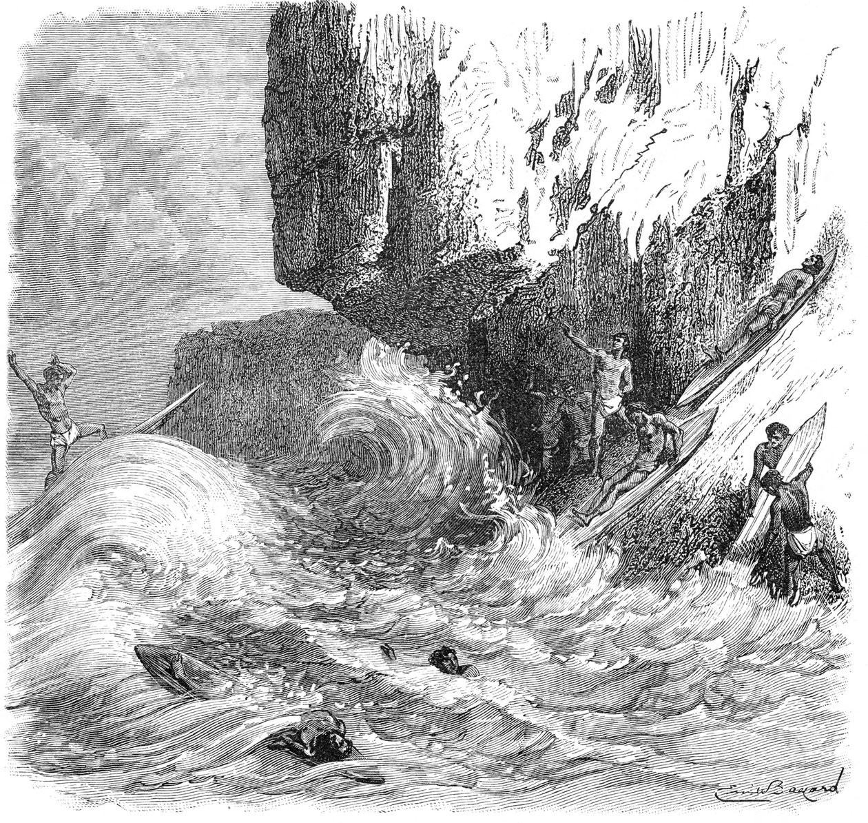 Ahşap tahtalar kullanarak sörf yapan Hawaiili erkekler, c1895 by Unbekannt