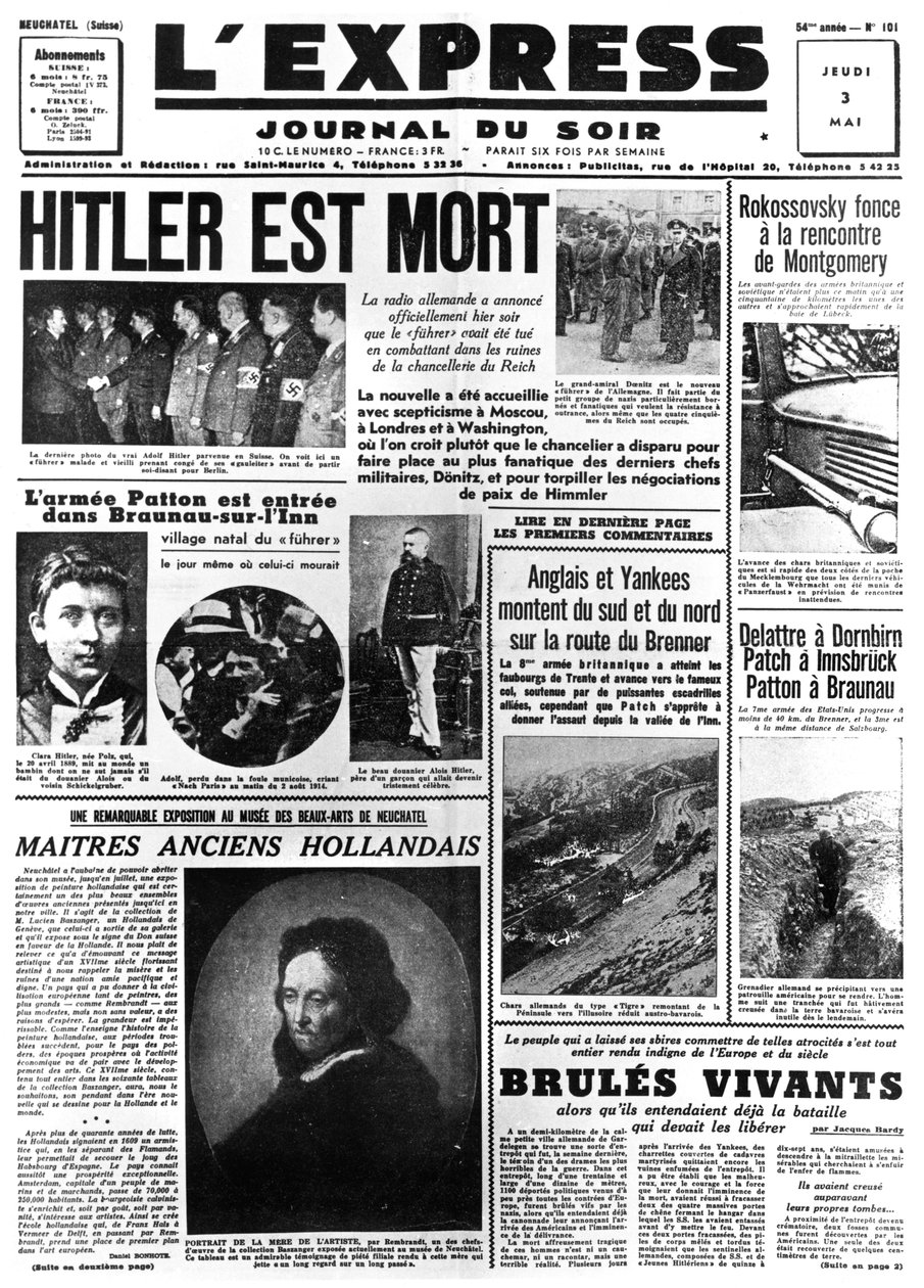 Hitler Öldü, LExpress gazetesinin ön sayfası, 3 Mayıs 1945 by Unbekannt