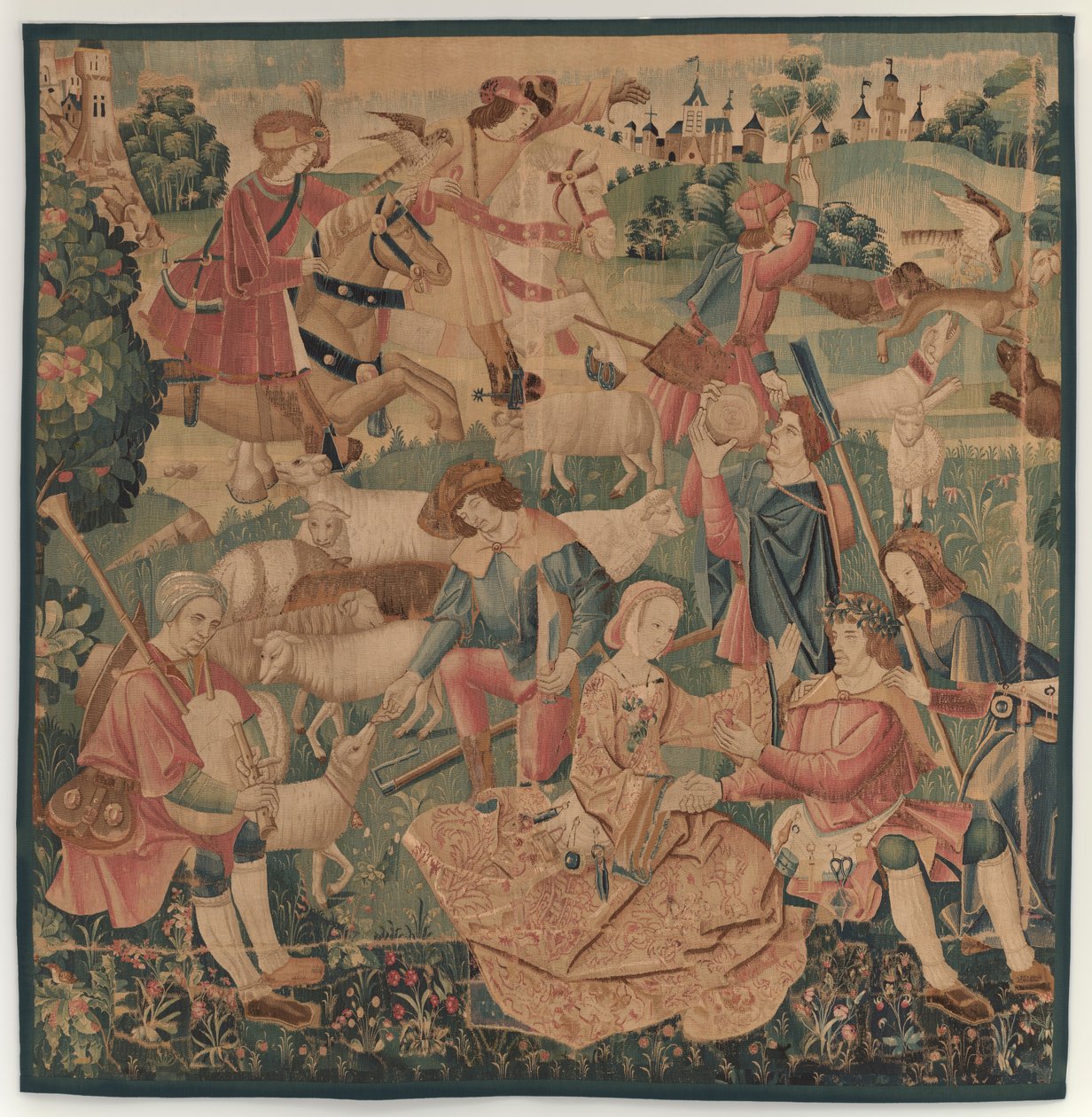 Av ve Pastoral Sahneler, çelenkli bir kahraman ile hanımlar arasında, c. 1510. by Unbekannt