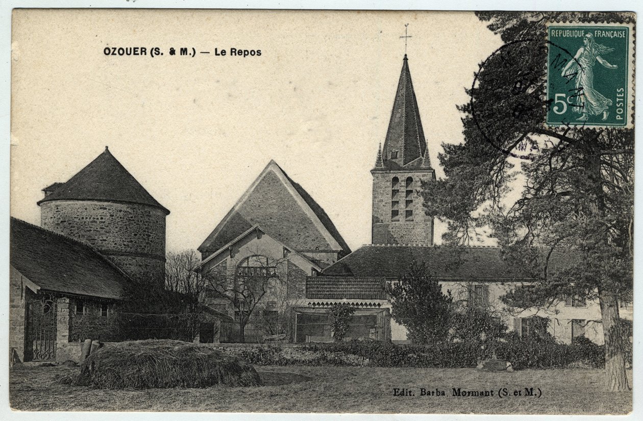 Ile de France, Seine et Marne (77), Ozouer le Repos (Ozouer-le-Repos): Saint Aubin (Saint-Aubin) kilisesinin dış görünümü - 1908 tarihli kartpostal by Unbekannt