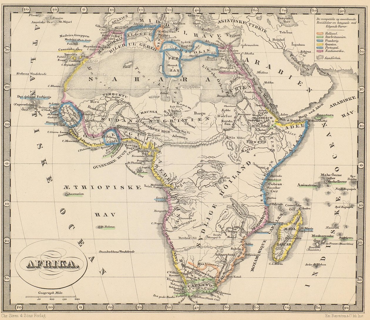 Yazarı bilinmeyen ve Chr. Steen & Søn tarafından yayınlanan Atlas of All Parts of the Earth (Dünyanın Tüm Parçaları Atlası) kitabından alınan çizim (Kopenhag, 1857) by Unbekannt