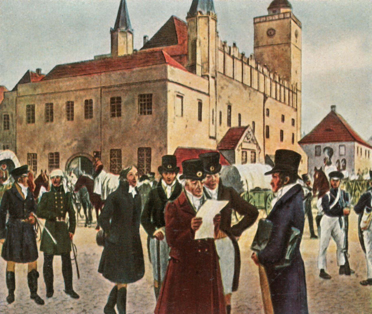 Ateşkes sırasında Silezya'daki Reichenbach'taki belediye binasının önünde, 1813, 1936. by Unbekannt