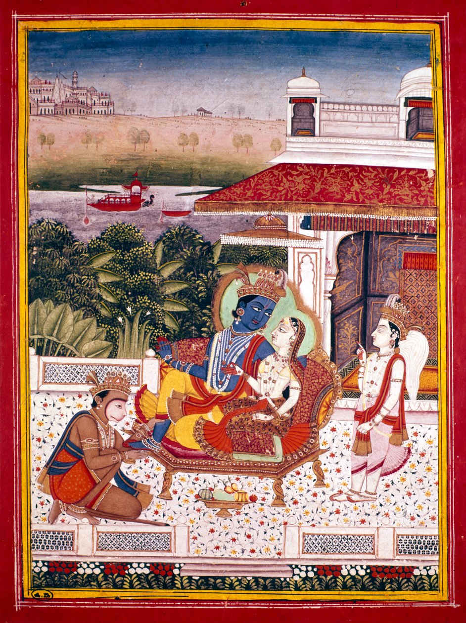 Krishna ve bir prensesi kanepede gösteren Hint minyatürü, 18. yüzyıl by Unbekannt