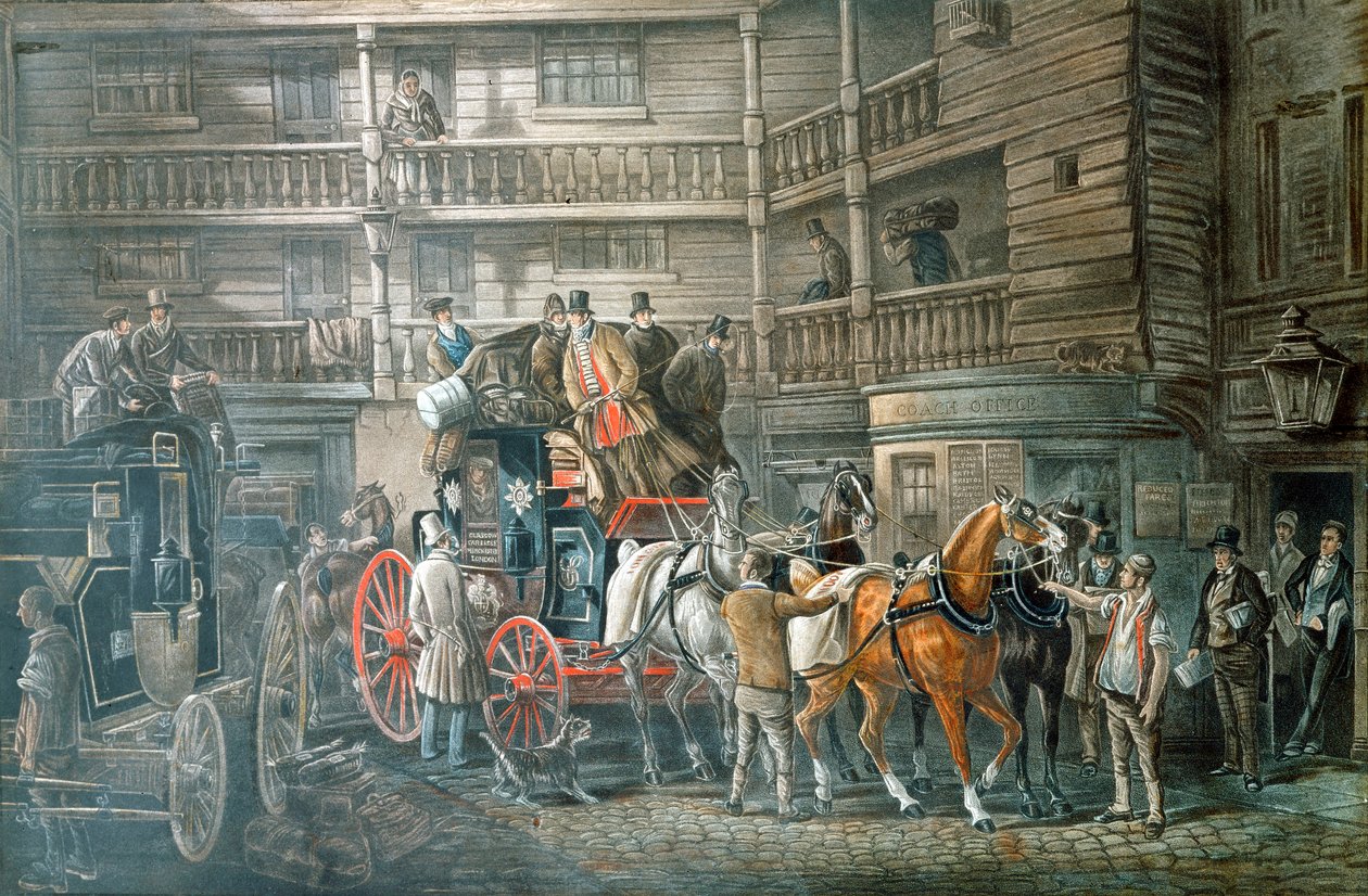 Posta Koçu ile Inn yard ayrılmaya hazırlanıyor, c1840 by Unbekannt