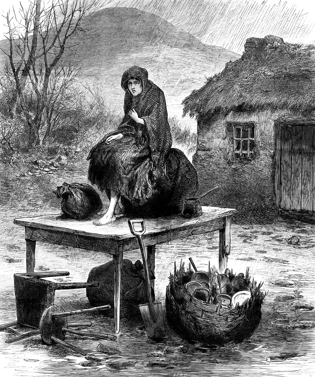 Ailenin son birkaç eşyasını koruyan İrlandalı köylü kız, 1886 by Unbekannt