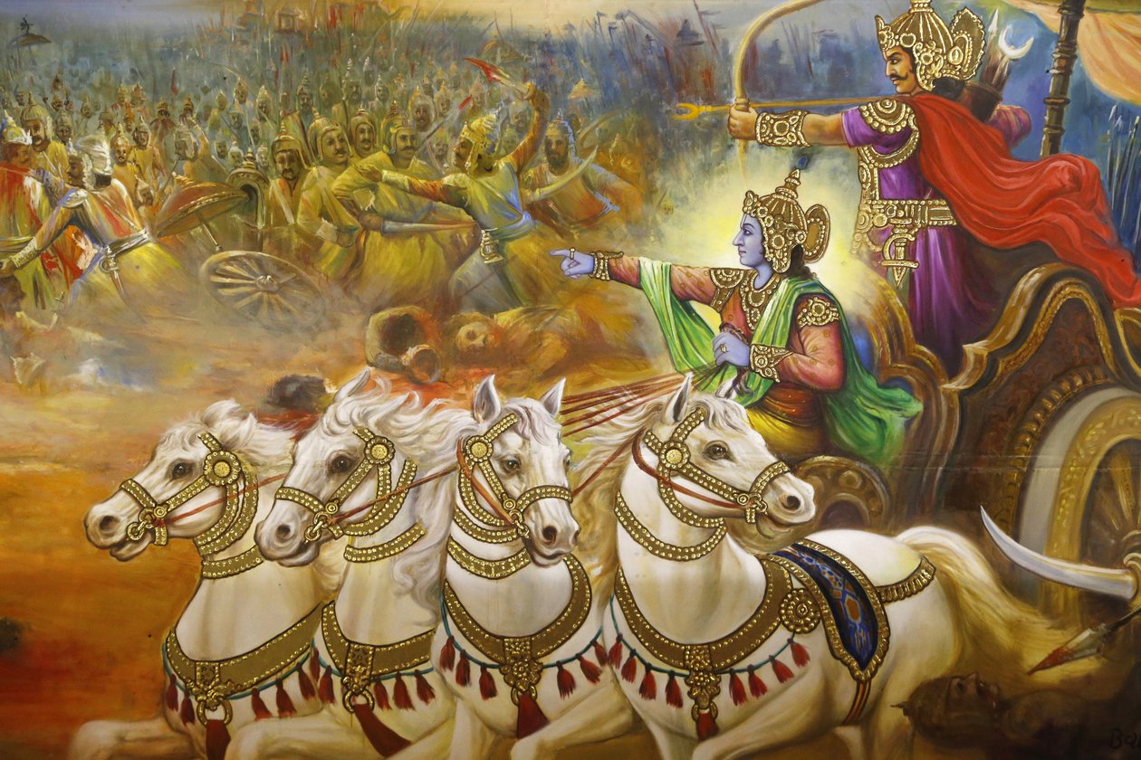 Jalaram Prathna Hindu tapınağı, Leicester. Fresk. Kurukshetra savaş alanında Arjuna