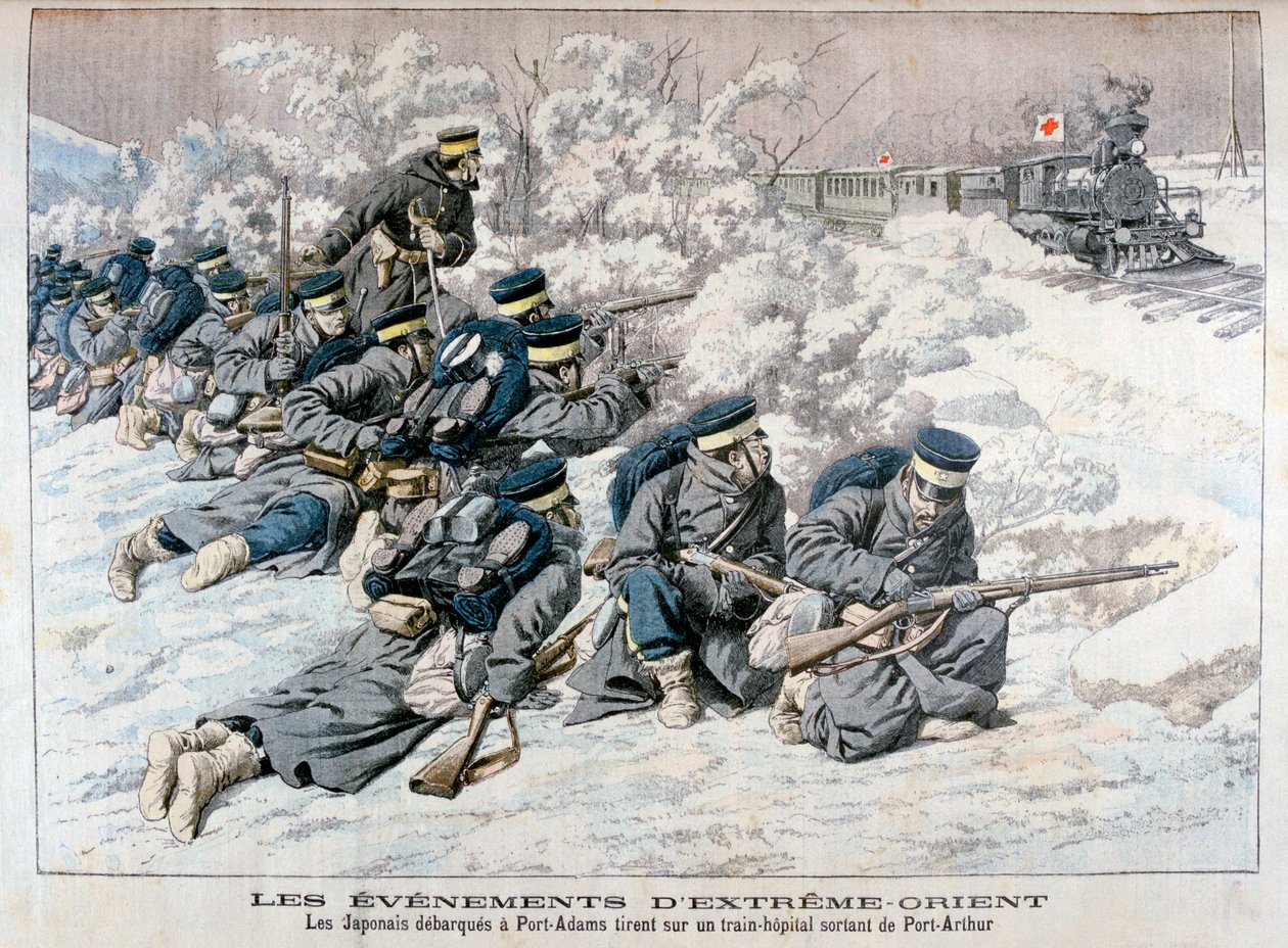 Port Arthur, Mançurya, Rus-Japon Savaşı, 1904 yakınlarındaki bir hastane trenine Japon saldırısı by Unbekannt