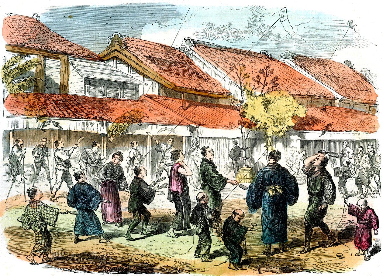 Yokohama sokaklarında Japon battledore ve raketle oyunu, 1865 by Unbekannt