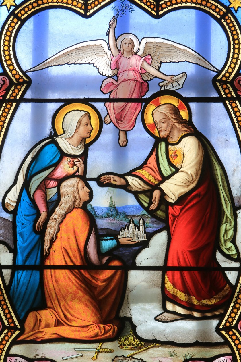 İsa Mesih ve Meryem Ana. Vitray pencere. Our Lady of la Salette Tapınağı, La Salette-Fallavaux, Fransa by Unbekannt