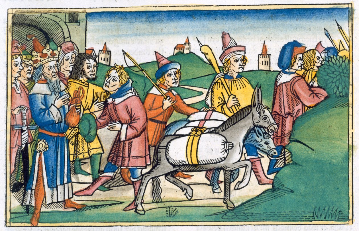 Joseph, kardeşlerini eve bedava yiyecek tedarik ederek gönderir, 15. yüzyıl by Unbekannt