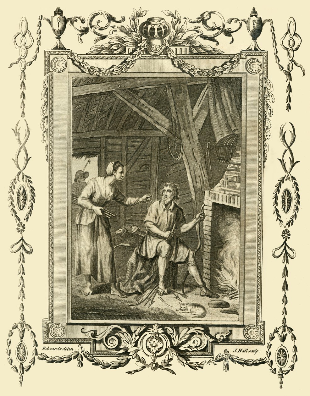 Kılık değiştirmiş Kral Alfred, Pastaların yanmasına izin verdiği için Temiz Sürüler Karısı tarafından azarlandı, c878, 1783. by Unbekannt