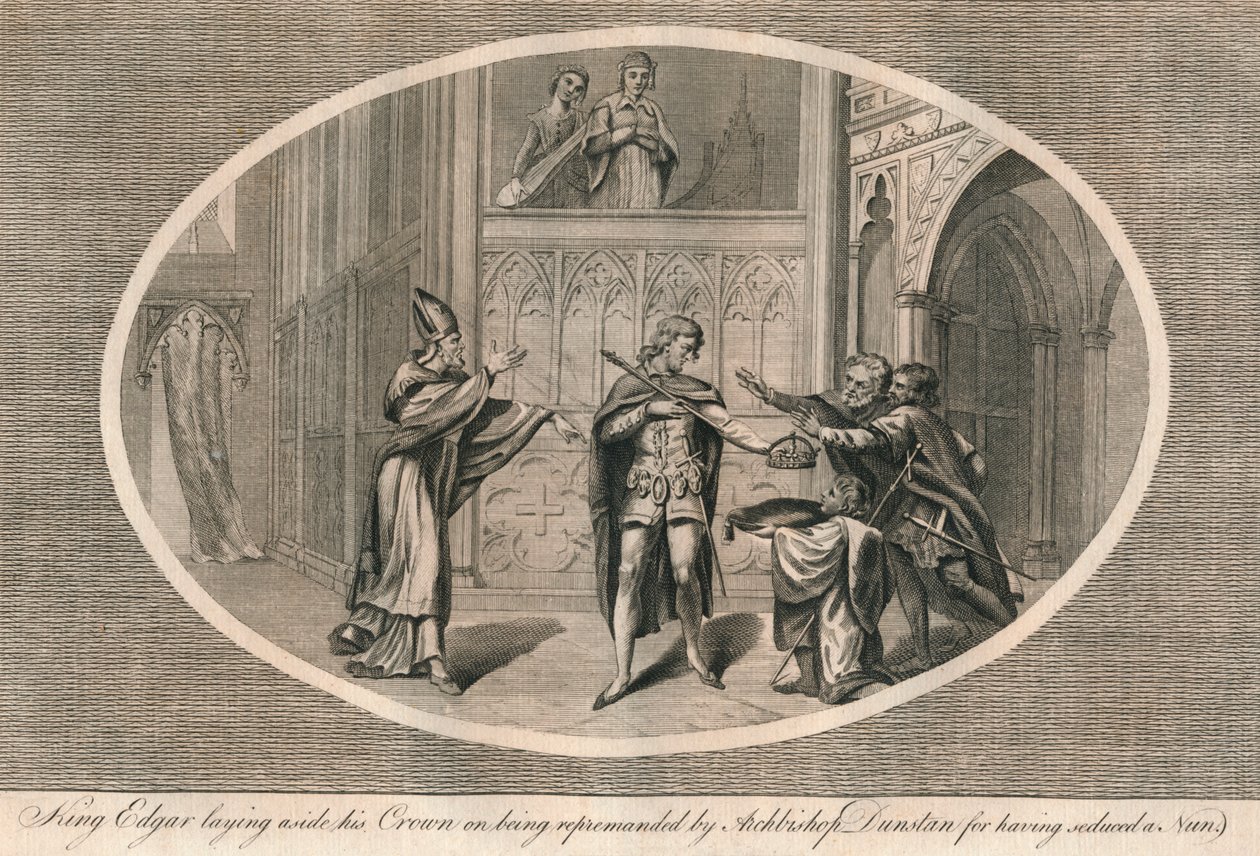 Kral Edgar, Başpiskopos Dunstan tarafından azarlanarak tacını bir kenara bırakırken, c960s 1793 by Unbekannt