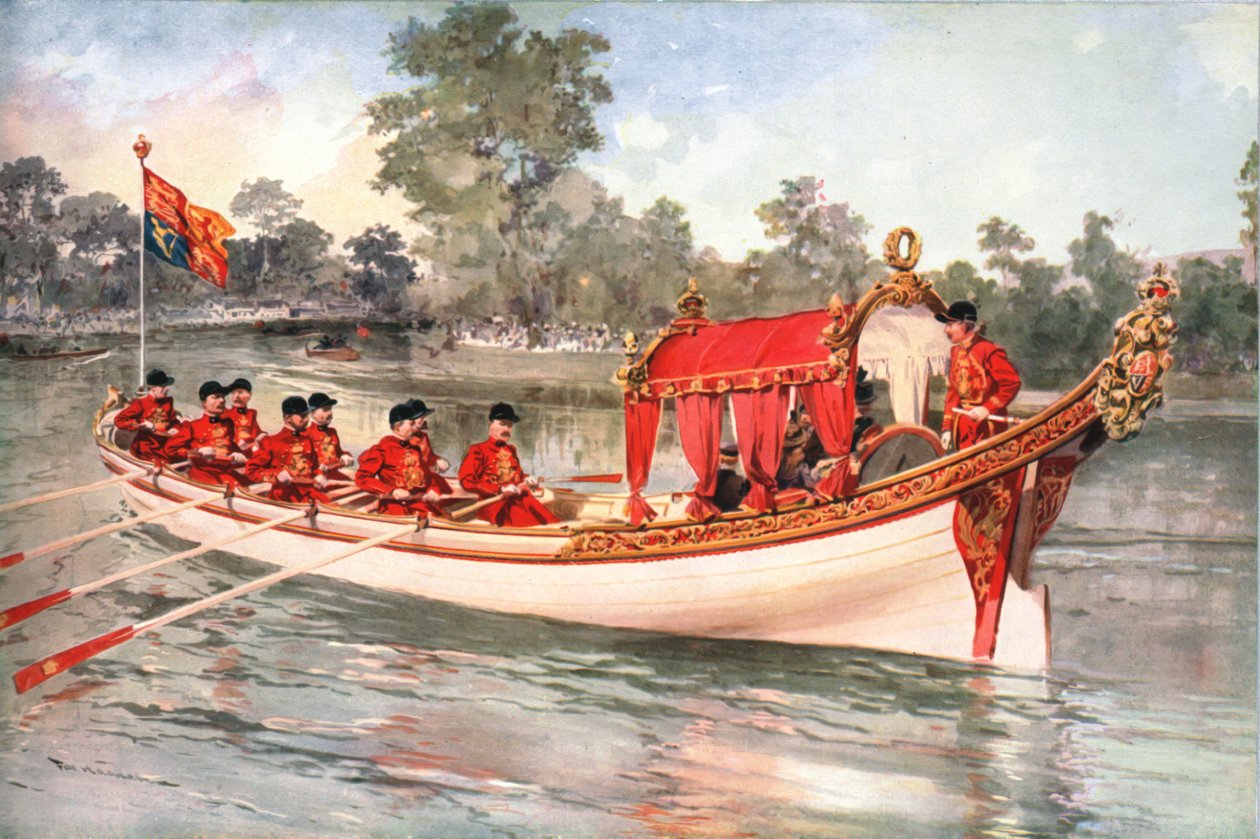 Kral George V ve Kraliçe Mary, eyalet mavnasında Henley Regatta