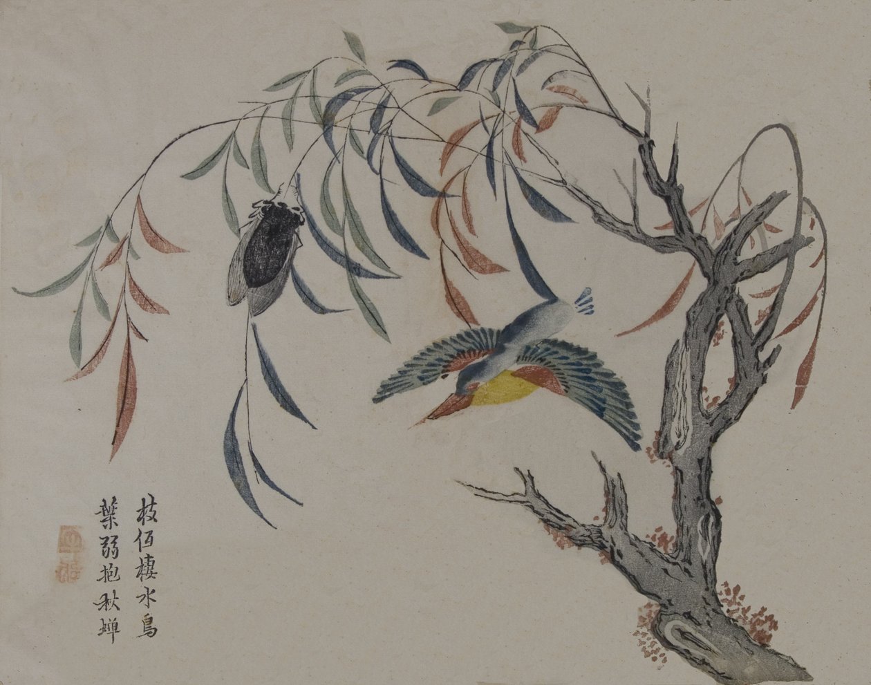 Kingfisher, Ağustosböceği ve Söğüt Ağacı, 19. yüzyıl. by Unbekannt