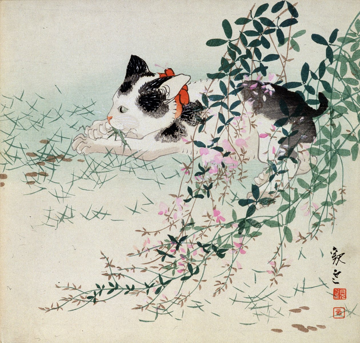 Çim ve yeşillik çiçeklerde yavru kedi - Japonca baskı by Unbekannt