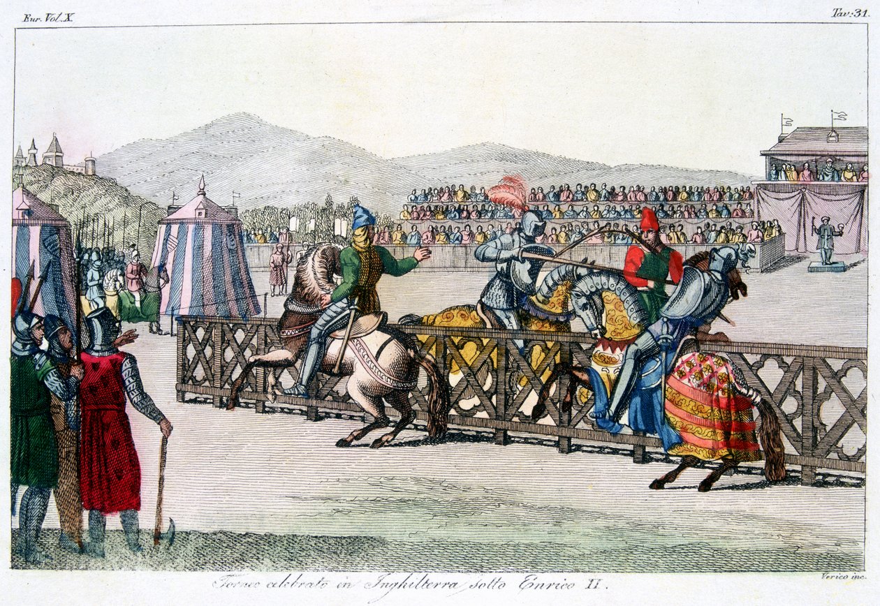 Bir turnuvada mızrak dövüşü yapan şövalyeler, 12. yüzyıl, c1815 by Unbekannt